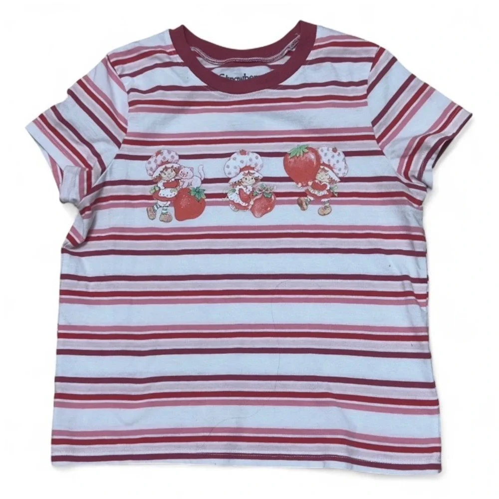 Strawberry Shortcake T Shirt Girls White Pink Red Stripe Graphic Tee Size‎ S